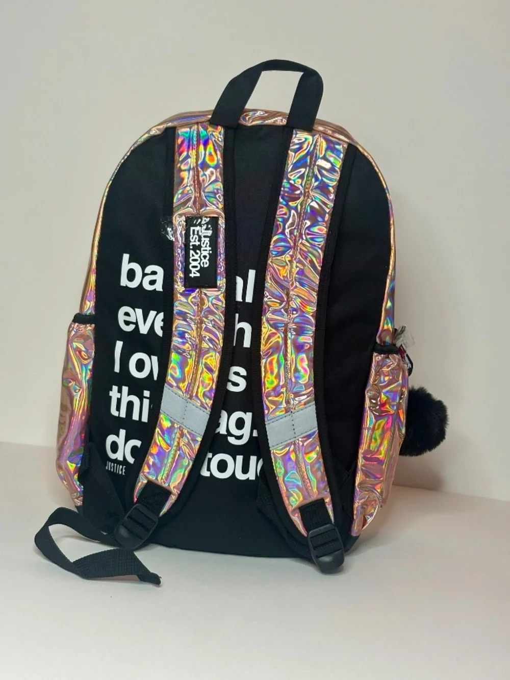 Justice Girls Holographic Iridescent Backpack Rose Gold Pom Pom NWT